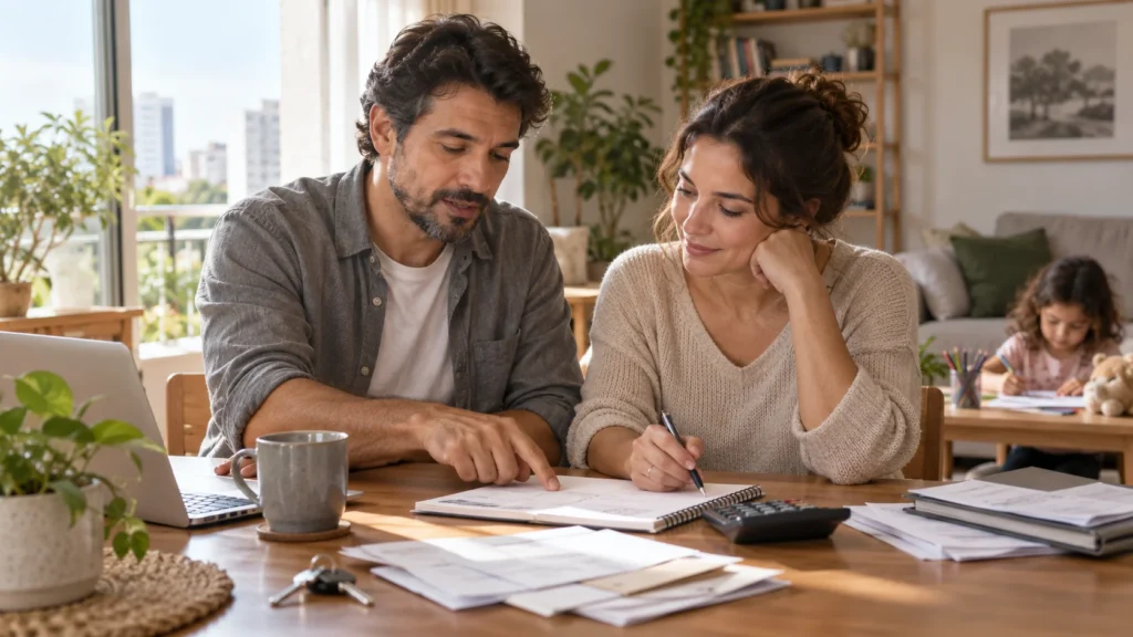 Casal organiza as finanças da família com caderno e calculadora, enquanto uma criança desenha ao fundo.